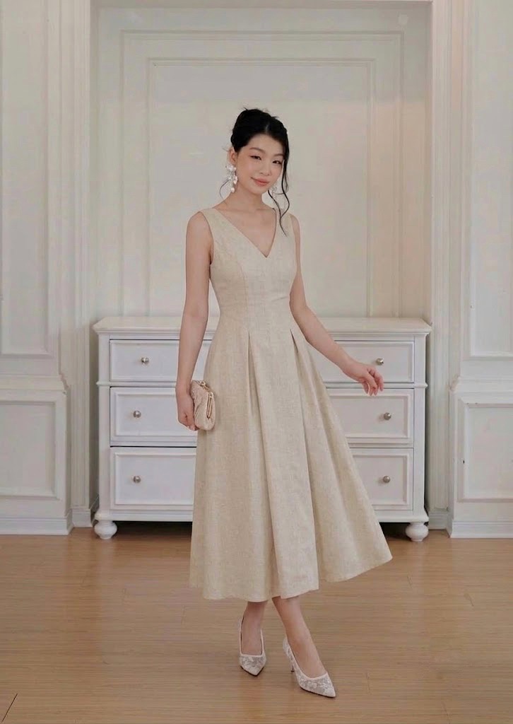 Adele Midi Dress - Linen - Beige